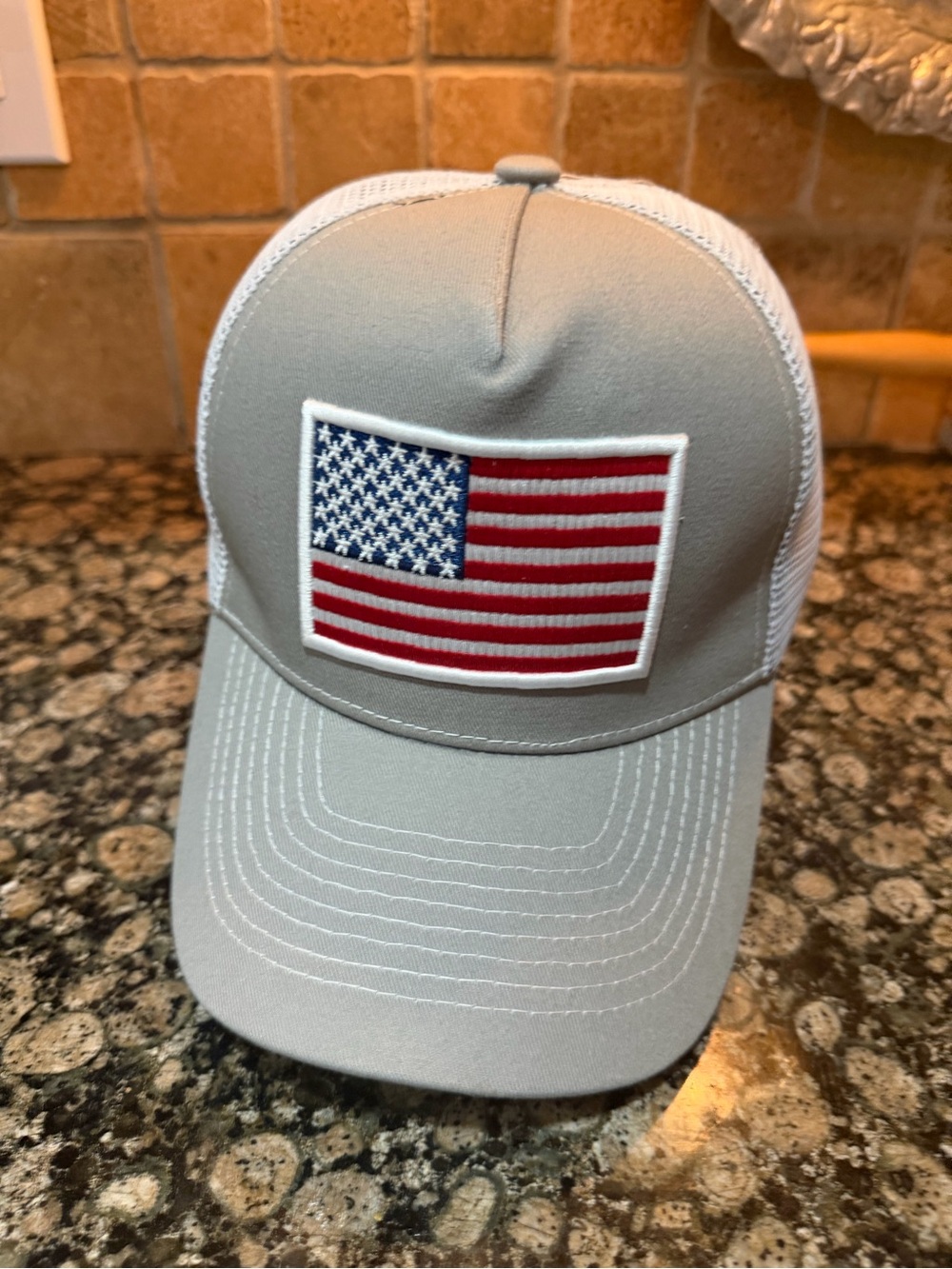 Gray Trucker Hat with Embroidered American Flag